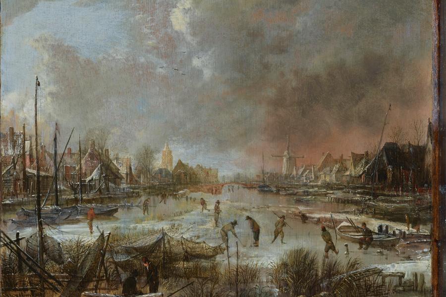 Aert van der Neer Winterlandschaft mit Feuersbrunst, um 1660 Öl auf Holz, 34 x 40,3 cm Privatsammlung