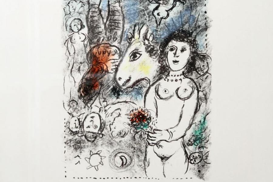 CHAGALL, MARC: "Nude with a little Bouquet"  1 Bl. Farb-Lithographie auf Arche-Papier, unten rechts signiert ...   Aufrufnummer: 1611 Aufrufpreis: 7.800 Euro inkl. Aufgeld