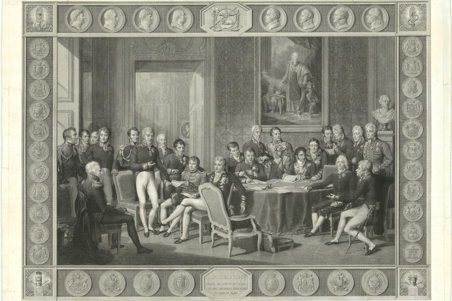 Jean Godefroy, Ansicht einer Plenarversammlung des Wiener Kongresses, 1815, nach einer Zeichnung von Jean-Baptiste Isabey, Kupferdruck, 1819. Nach einer Zeichnung des berühmten französischen Malers Isabey, der damit die offizielle Darstellung des Kongresses schuf. Die Radierung setzt einen beeindruckenden Verhandlungstisch in Szene, um den herum Minister und Bevollmächtigte der Grossmächte versammelt sind, und auf dem eine grosse Landkarte ausgebreitet ist. Dieses Bild wird zu einer Modelldarste