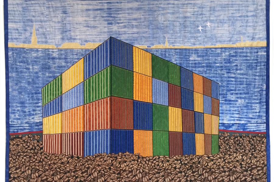 Abdoulaye Konaté, Coffee Beans − Container, 2015. Stoff, 345 x 249 cm. © Abdoulaye Konaté