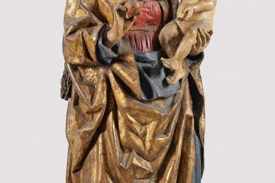 Ulmer Meister der Spätgotik (Tätig um 1450-1460) Herausragende Skulptur der Muttergottes mit Kind. Mindestpreis:	38.000 EUR