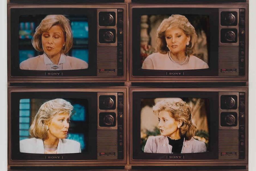 Robert Heinecken T.V. Network Newswomen Corresponding: Barbara Walters/Faith Daniels, 1986 cibachrome print with lithograph TV mats Robert Heinecken Exhibitor: Marc Selwyn