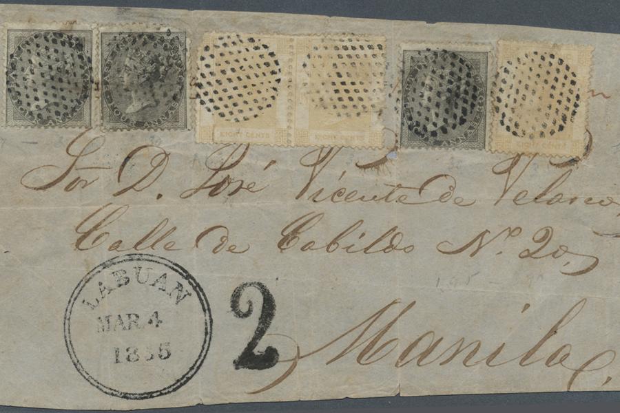 Los 864: Hongkong/ India /Labuan 1865: The famous cover front to Manila, Philippines franked by India 1856/64 4 a. black, Ausruf: 24.000 Euro