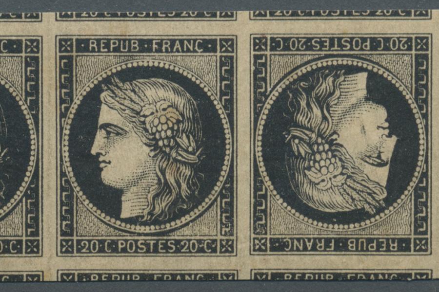 Los 8778  Frankreich 1849, Ceres 20 c. schwarz auf weißem Papier, allseitig weit überrandiger waagerechter Viererstreifen mit Kehrdruck  vom linken Bogenrand und großen Teilen aller Nebenmarken, ungebraucht mit Originalgummierung, Ausruf: 20.000,- euro