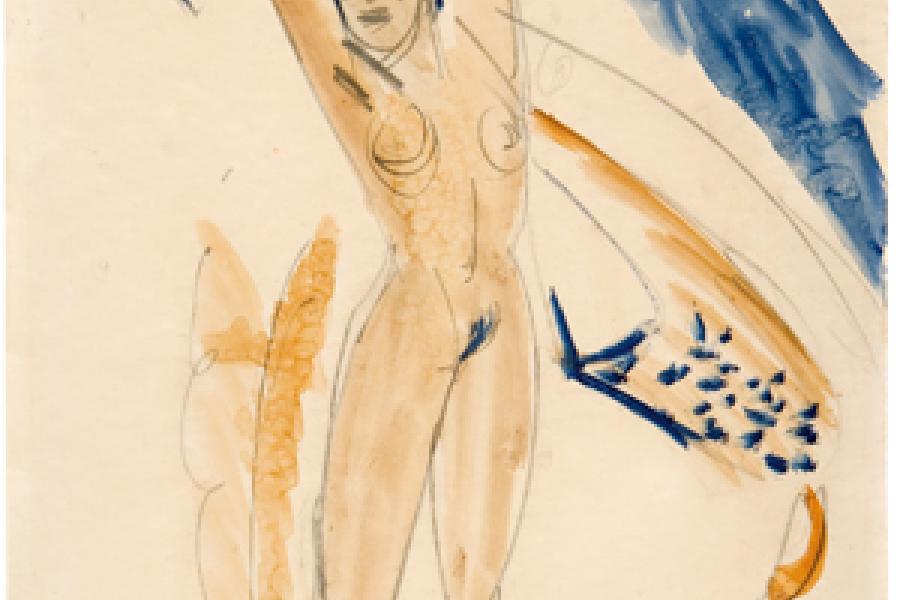 W & K – Wienerroihter & Kohlbacher, Ernst Ludwig Kirchner (1880–1938) Stretching Nude c.1913-14 Watercolour over drawing in pencil on vellum Signed by Erna Kirchner (lower right): E L Kirchner 58,9 x 45,9 cm Provenance: Collection Ernesto Blum, Caracas