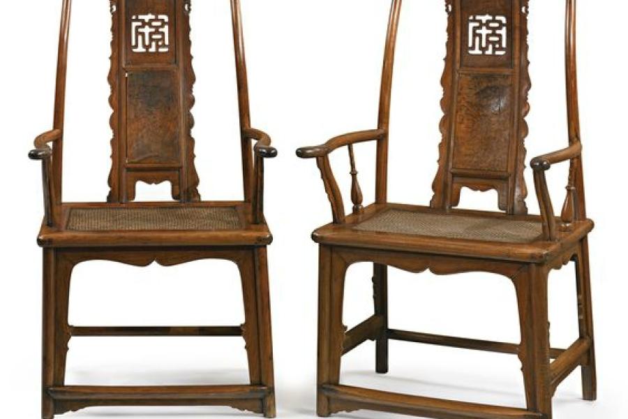 A rare and exceptional pair of huanghuali and huamu ‘fu’ character yokeback armchairs (sichutouguanmaoyi), Ming dynasty17,  Estimate 500,000 — 700,000 USD