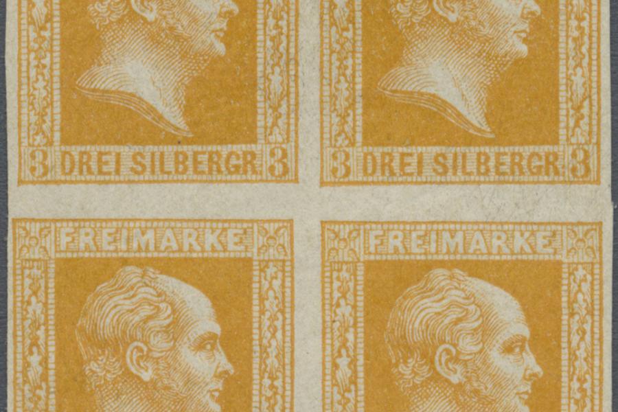 LLos 13747: Preußen 1857, 3 Sgr. gelborange, farbintensiver, allseits vollrandiger VIERERBLOCK, ungebraucht mit Originalgummi, sign. Bühler Zuschlag: 7.600,- Euro, Ausruf: 4.000,- Euro