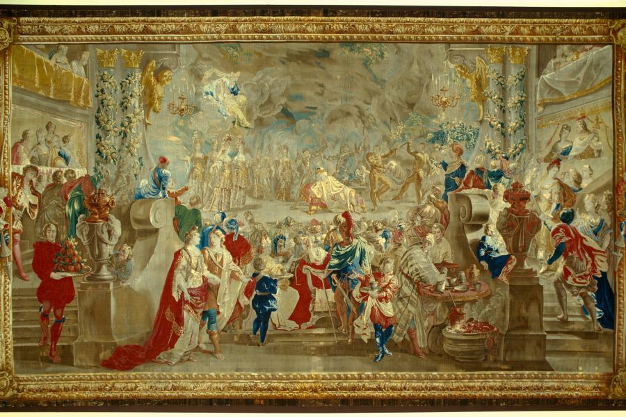 Tapisserie "Theatervorstellung mit Dolchtanz", Brüssel um 1700. Geschenk Ludwig XIV. an Friedrich I. © SPSG / Foto: Wolfgang Pfauder