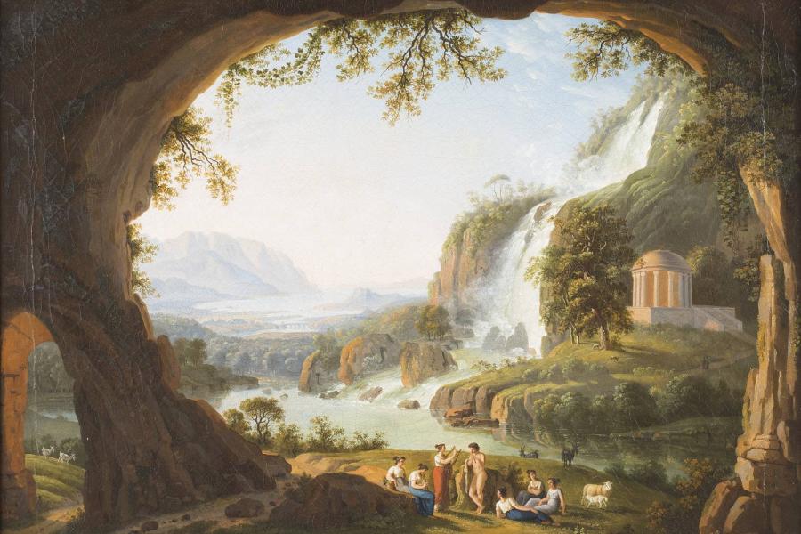 LUDWIG PHILIPP STRACK (1761-1836): Ideallandschaft bei Tivoli mit Wasserfall, Höhle, Tempietto und Staffage, Öl auf Leinwand. 57,5 cm x 72,5 cm. Limit 3.000,- €