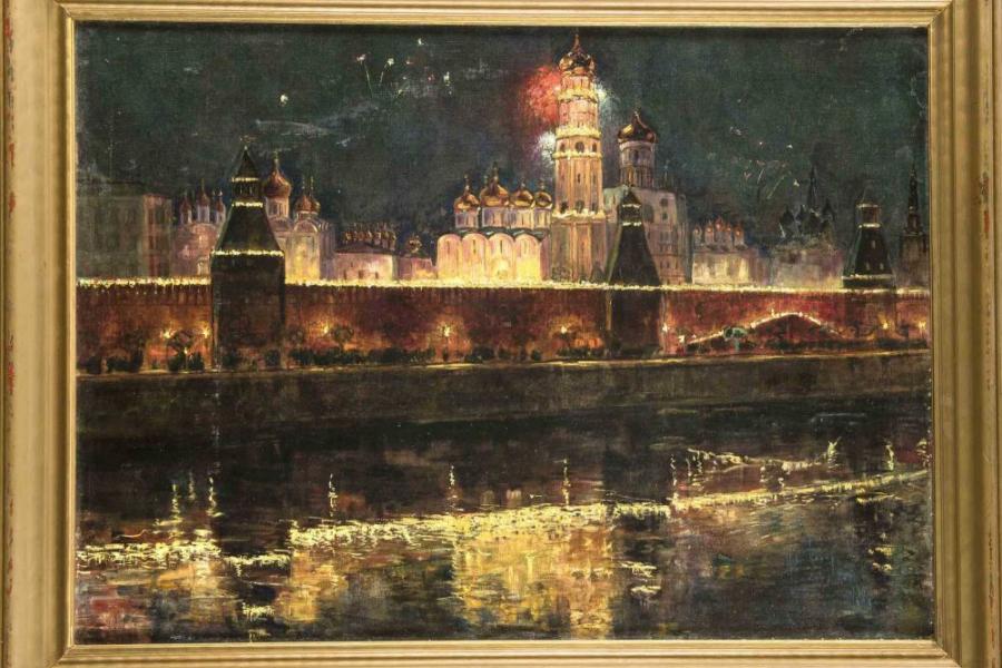 Georg Hlynowski (1899-1974), russischer Maler, Feuerwerk über dem Kreml bei Nacht von der Moskwa aus gesehen,  Mindestpreis:	250 EUR