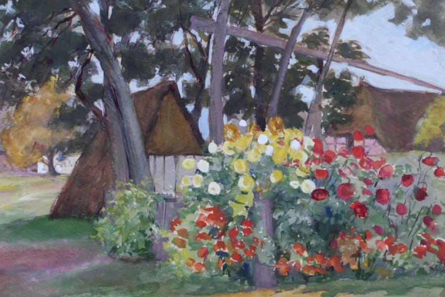 Büchsel, Elisabeth (1867 Stralsund – 1957 Stralsund) „Sommerblumen vor Bauerngehöft“, Aufrufpreis:	600 EUR