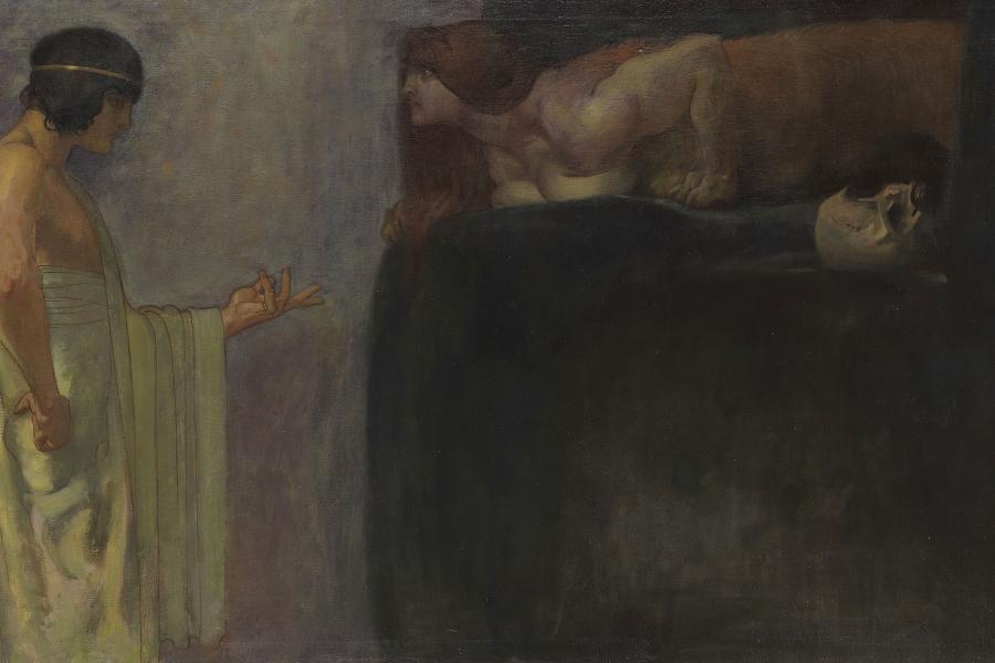 Franz von Stuck - Ödipus löst das Rätsel der Sphinx (Ausschnitt), 1891, Öl auf Lwd., 86 x 147 cm, Aufruf: € 180.000, Erlös: € 412.500*