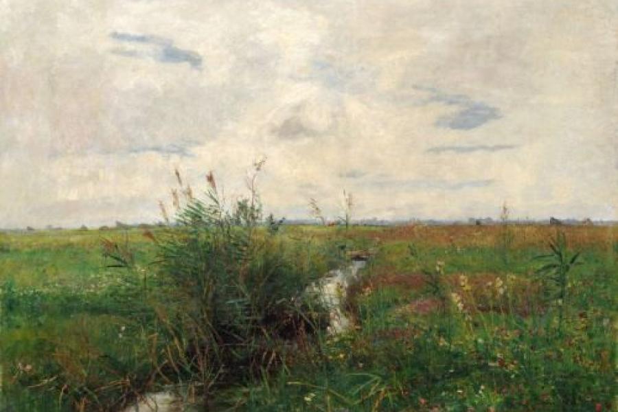 Paul Baum, Weite Wiesenlandschaft mit kleinem, schilfbewachsenen Bachlauf. 1889. 56,5 x 80,2 cm, Ra. 85,4 x 108,5 cm.			12000 €