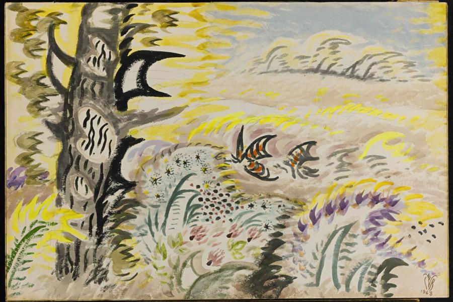 Lot 7 Charles Ephraim Burchfield September Wind signed with the artist's monogrammed initials CEB and dated 1963 (lower right); inscribed "September Wind"/27 x 40/1963 on the reverse watercolor and pencil on paper mounted on board 26 7/8 by 40 inches (68.3 by 101.6 cm) Estimate $300/500,000