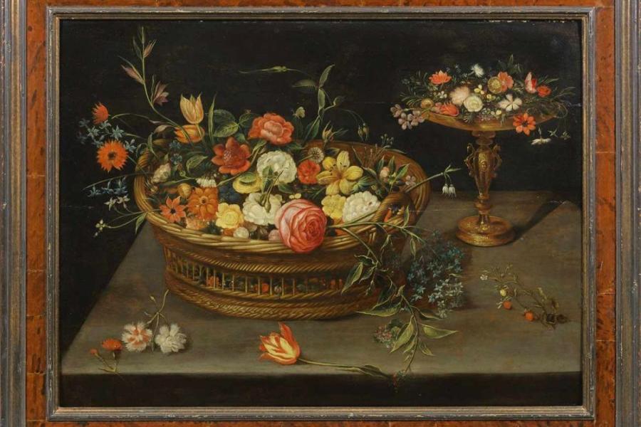 Jan Brueghel d. J (1601 Antwerpen - 1678 ebenda) Blumenkorb und Tazza auf einer Tischplatte, Mindestpreis:	75.000 EUR