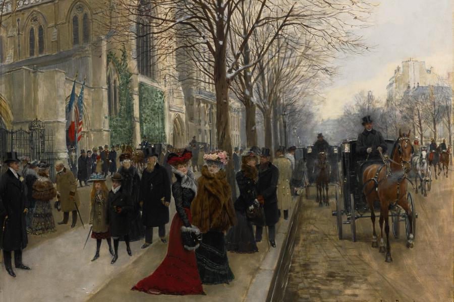 Lot 18 Property Of The American Cathedral In Paris Jean Béraud Après L'office À L'église De La Sainte Trinité, Noël 1890 signed Jean Béraud (lower right) oil on panel 19 7/8 by 26 1/2 in. 50.5 by 67.3 cm Est. $600/800,000