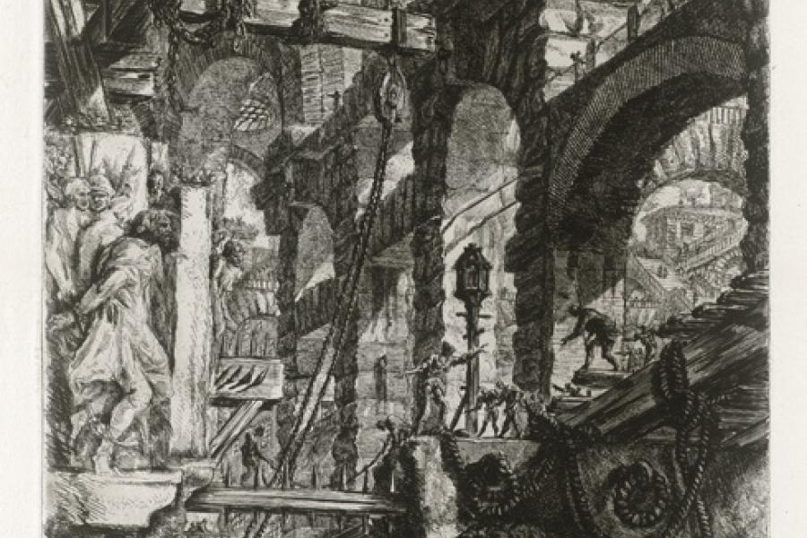 Piranesi, Giovanni Battista: Folge Carceri: Das Löwenrelief; Radierung, 557 x 410 mm, Copyright SKD, Foto: Herbert Boswank