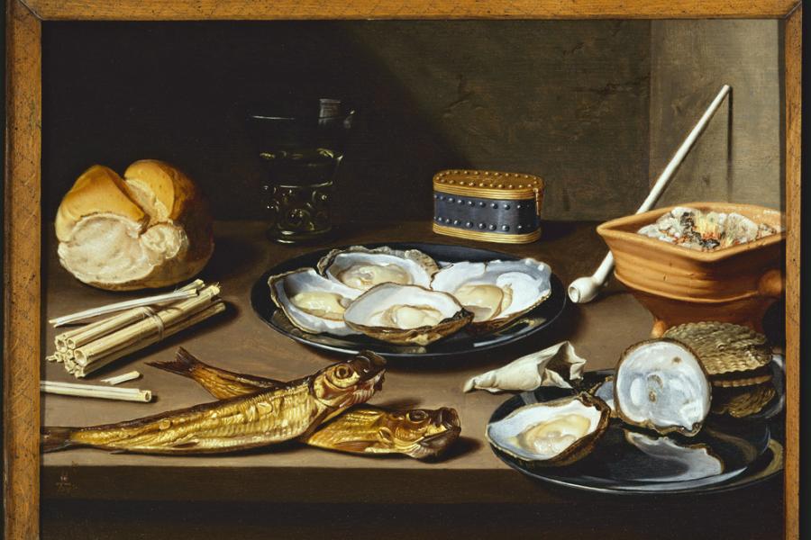 Floris van Schooten Haarlem? c.1585/88-1656 Haarlem Stilleven met haringen en oesters, c.1625-1630 Paneel, 35 x 49 cm Haarlem, Frans Hals Museum, verworven met steun van “Schenking drs. J-P. de Man” en de Vereniging Rembrandt, 2011