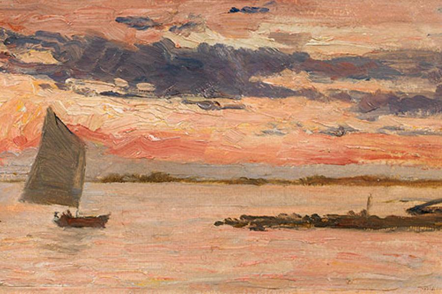 Marie Egner Die Lagune von Grado bei Sonnenuntergang Öl auf Karton; 14 × 23,5 cm Meistbot: € 12.000 / Kaufpreis: € 15.120