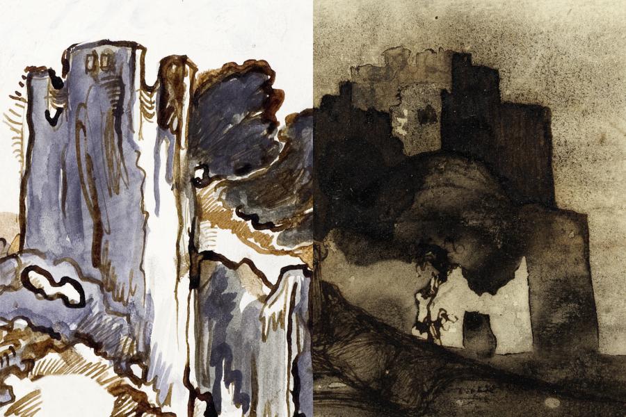 Sujet, Montage: Günter Brus, "Die Ruine", 1984, Privatsammlung, Foto: UMJ/N.Lackner; Victor Hugo, "Blick auf eine alte Festung", 1856, Szepműveszeti Muzeum / Museum of Fine Arts, Budapest, Foto: Dénes Józsa