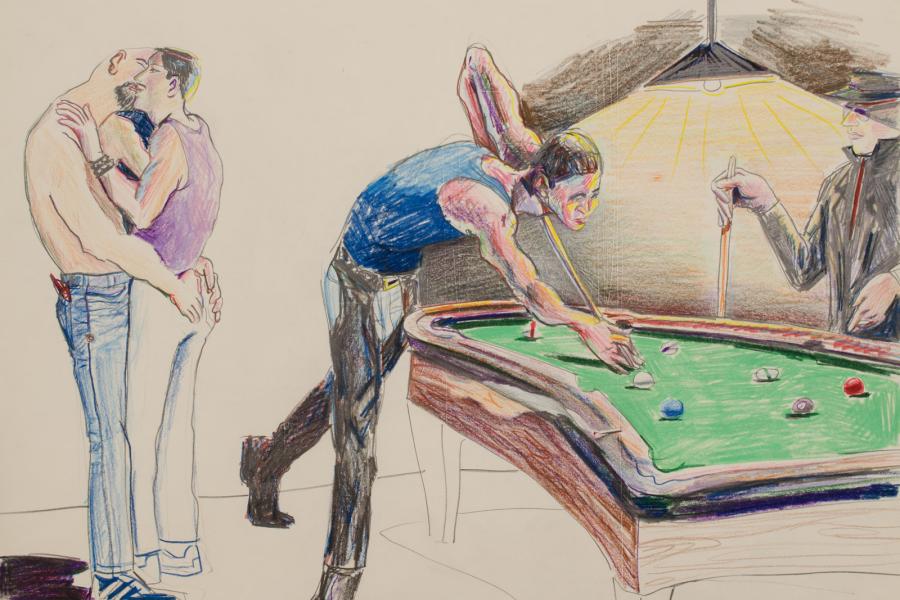 Patrick Angus, Untitled ( Pool Hall Scene ) Buntstift auf Papier, 35.5 x 43 cm © Douglas Blair Turnbaugh