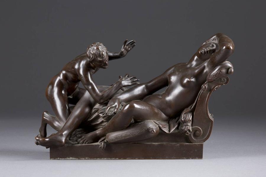 Lot 2005: GIOVANNI BOLOGNA GEN. GIAMBOLOGNA (1529-1608), Schlafende Nymphe mit Satyr, Bronze, braun patiniert. H. 20,5 cm, B. 32 cm. Erlös 30.000,- €