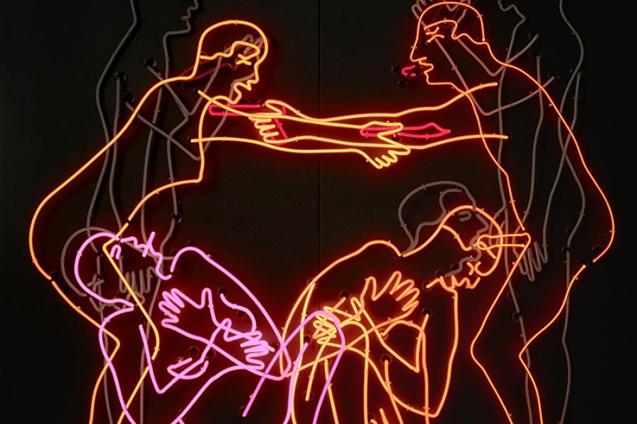 Bruce Nauman, Sex and Death by Murder and Suicide, 1985  Neonröhren auf Aluminium montiert, 198 × 199 × 32 cm, Emanuel Hoffmann-Stiftung, Depositum in der Öffentlichen Kunstsammlung Basel, © Bruce Nauman / 2017, ProLitteris, Zurich, Foto: Tom Bisig, Basel