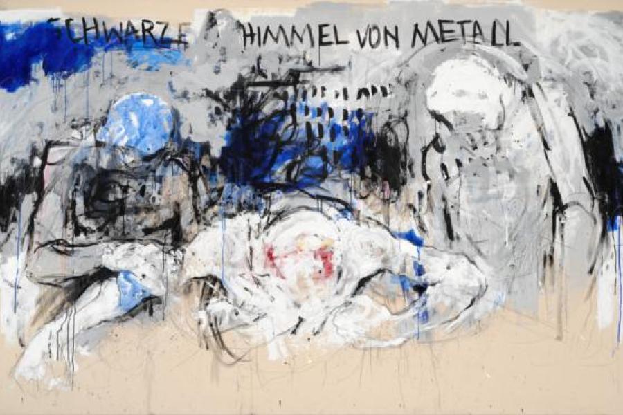 Jakob Kirchmayr, Schwarze Himmel von Metall, colored pencil, oil stick, gesso, ink, acrylic on canvas (substantial sailcloth), 190x300 cm