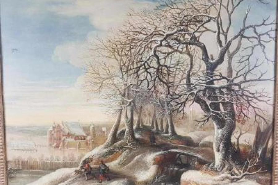 Van Alsloot, Denijs (um 1570 Mechelen - um 1626 Brüssel) - Winterlandschaft vor Kastell Tervuren, um 1618, Öl auf Eichenholztafel, gedünnt, ca.54x68cm, Aufrufpreis:	70.000 EUR