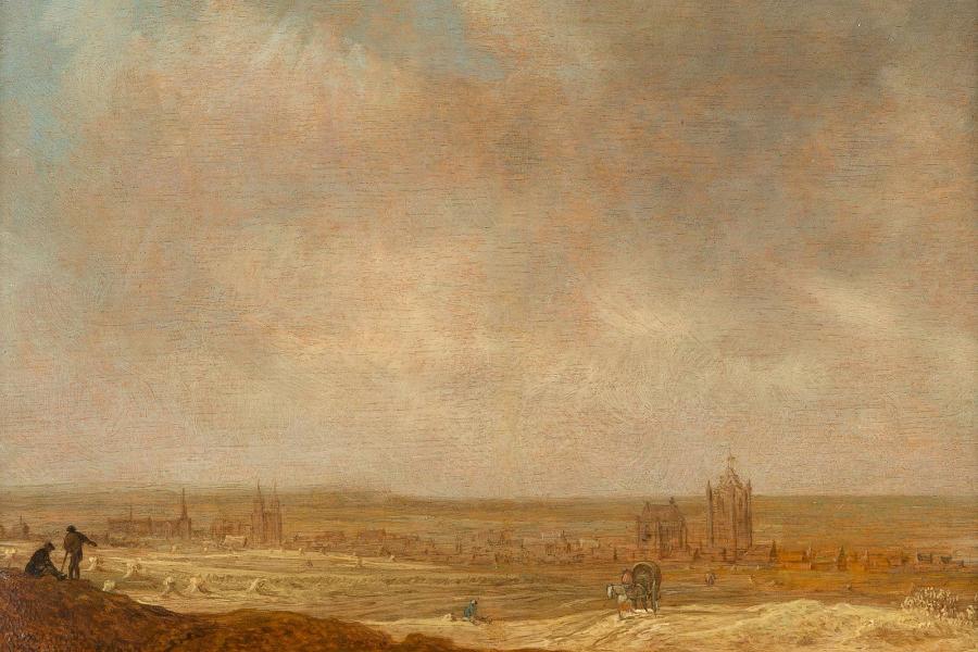 JAN VAN GOYEN (1596-1656), BELEBTE LANDSCHAFT MIT EINER STADTANSICHT ARNHEIMS AUS DER FERNE, Öl auf Eichenholz. 20,5 x 25 cm, signiert und datiert. Erlös 38.700,- €