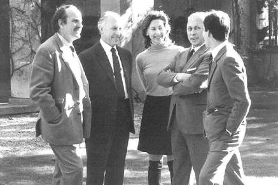 Left to right: Eugenio Gerli, Fulgenzio Borsani, Valeria Borsani, Osvaldo Borsani, and Marco Fantoni at Villa Borsani in the 1960s