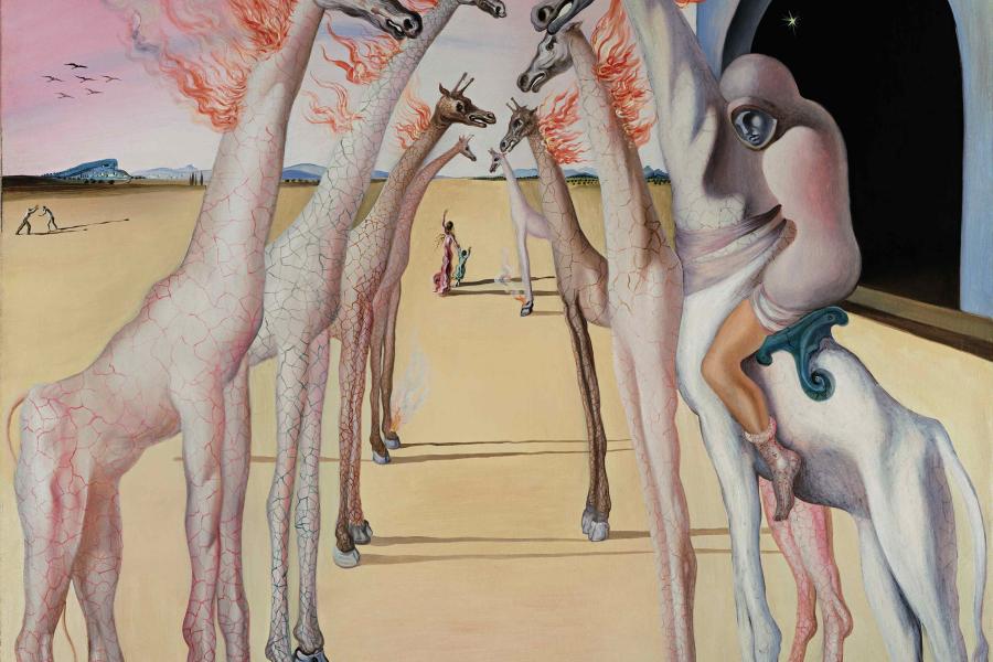 Salvador Dalí Las Llamas, llaman signed, dated and dedicated pour Monsieur et Madame Audrey Leray W. Berdeau affectueusement Gala Salvador Dalí 1942 lower center; signed and dated again and titled S. Dalí 1942 on the reverse oil on canvas 146 by 124 cm.