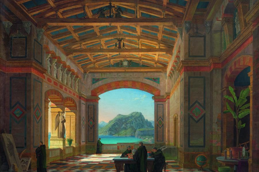 LEO VON KLENZE (Schladen 1784 - 1864 München) Italienische Klosterhalle mit Ausblick auf Capri. 1855. Öl auf Leinwand. 87,2 x 107,7 cm. Verkauft für CHF 78 500