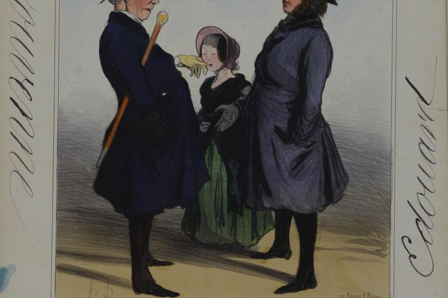 L´Adoption, gouachierte Kreidelithographie mit Kolorierungsanweisungen von Edouard Bouvenne, Honoré Daumier, 1841, Sammlung Frank, Stuttgart.