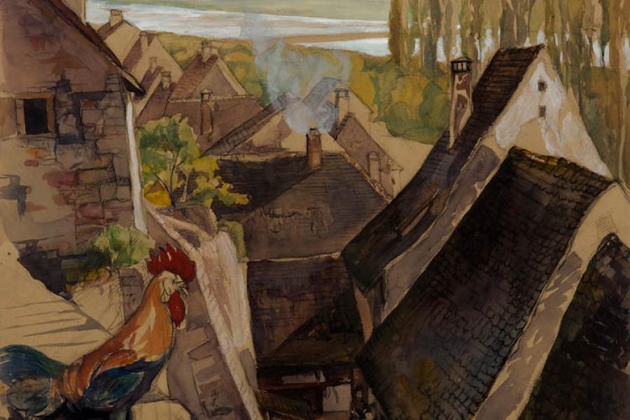 Mez, Alfred, 1885 - 1955 Blick über die Dächer von Breisach mit Blick auf die Rheinebene und die Vogesen, Ausrufpreis: € 250,-