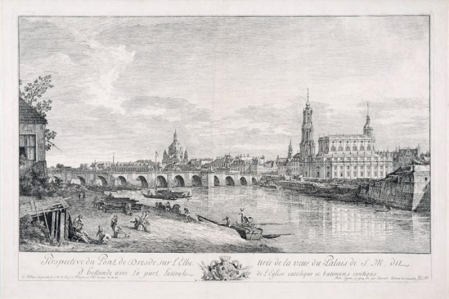 001   Bernardo Bellotto, gen. Canaletto "Perspective du Pont de Dresde sur L' Elbe, - tirée de la veuë du Palais de S. M., dit d' Hollande avec La part Latérale - de l' Église catôlique et batîmens contigús.". 1749. 12.000 €