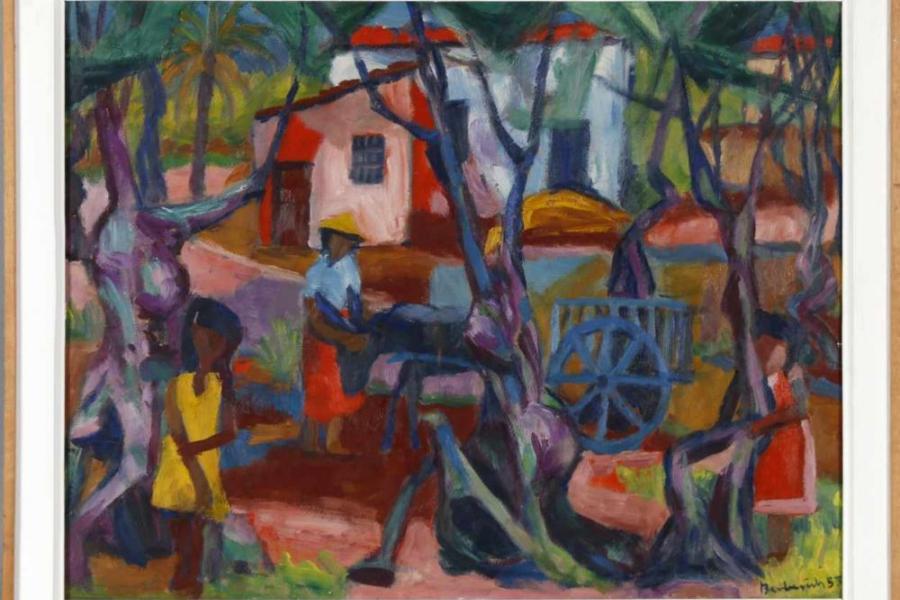 Fritz Berberich (Schnappach 1909-1990 Schnappach) Eselskarren vor südlichen Häusern, 1957, Öl auf Platte, 51 x 66 cm Schätzpreis:	1.200 EUR