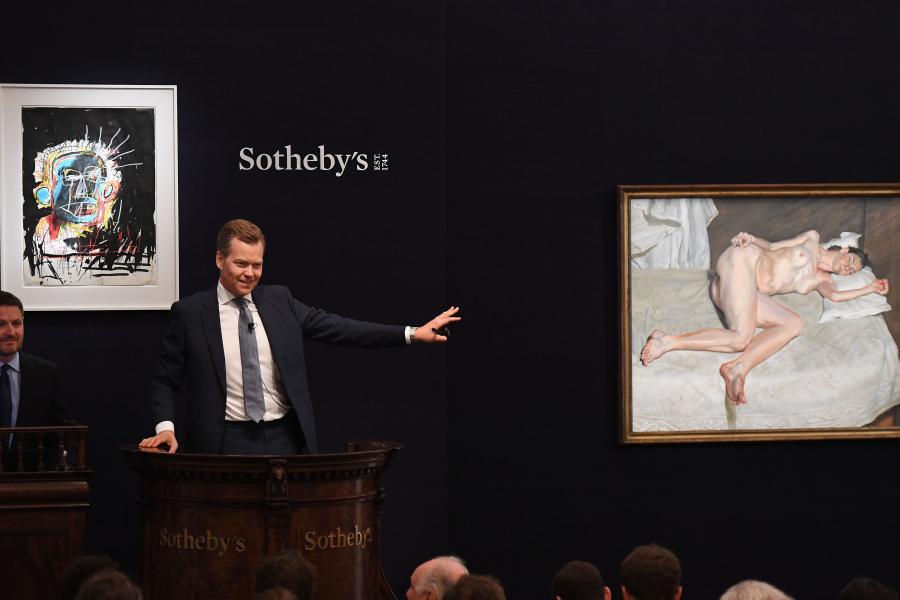 Oliver Barker fielding bids during Sotheby's Contemporary Art Evening Sale, June 2018