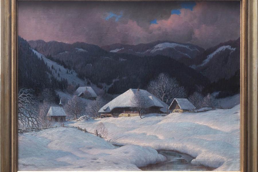 Hauptmann, Karl, 1880 - 1947 Verschneites Schwarzwaldtal, im Vordergrund ein mächtiges Bauernhaus mit Nebengebäude und Kapelle. Ausrufpreis: € 4500,-