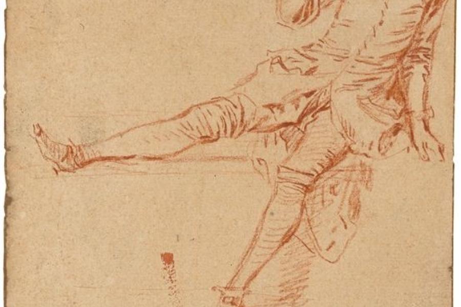 Antoine Watteau (Valenciennes 1684 – 1721 Nogent-sur-Marne) „Étude de jeune homme assis, la jambe droite et la main levées“.  Rötel auf dünnem Büttenpapier. 15,8 × 11 cm ( 6 ¼ × 4 ⅜ in.). Schätzpreis:	70.000 - 90.000 EUR