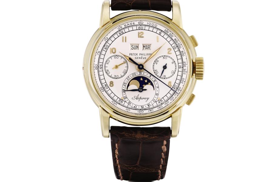 “The Asprey”   Yellow Gold Perpetual Calendar Chronograph Wristwatch with Moon Phases, reference 2499 Retailed by Asprey Made in 1952   Estimate CHF 2,000,000 – 4,000,000 / USD 2,000,000 – 4,000,000