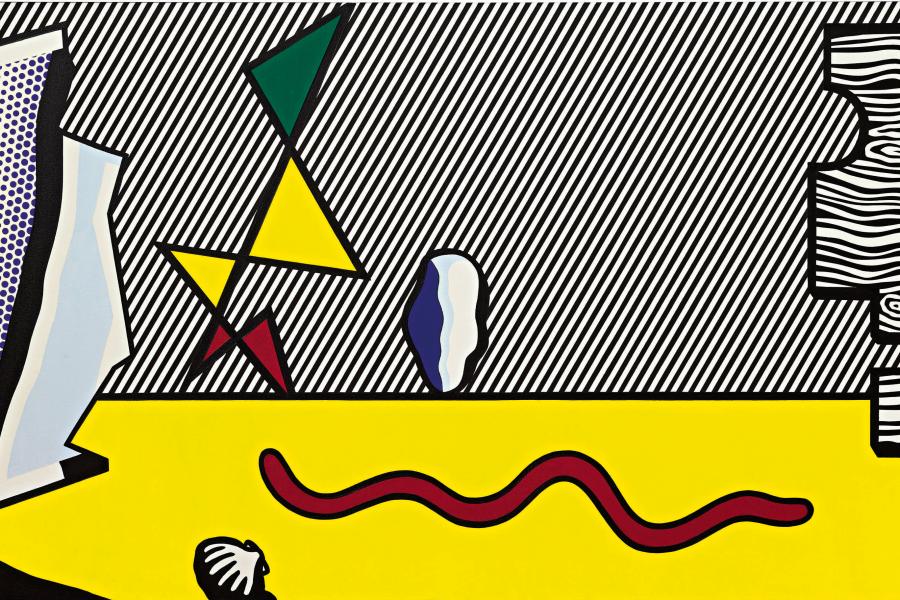 Lot 24 Property from an Important Private Collection  Roy Lichtenstein  Figures  signed and dated 77 on the reverse oil and Magna on canvas 44 by 100 in. 112 by 254 cm. Estimate $6/8 million