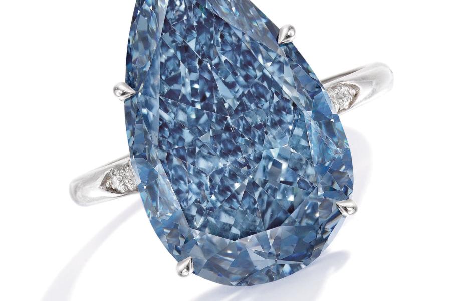 Lot 98 Property From A Distinguished Private European Collection A Highly Important Fancy Vivid Blue Diamond Ring Set with a pear-shaped Fancy Vivid blue diamond weighing 10.62 carats, VVS1 clarity Estimate $20/30 million