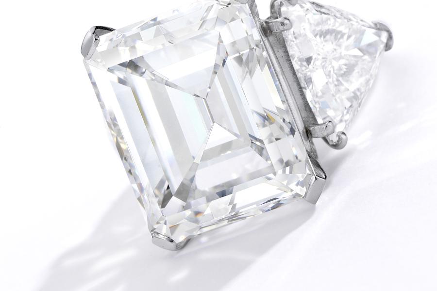 Lot 134 Lady Blue Eyes: Property of Barbara And Frank Sinatra Diamond Ring Centering an emerald-cut diamond weighing 20.60 carats, flanked by two triangular-shaped diamonds Estimate $1/1.5 million Sold for $1,695,000