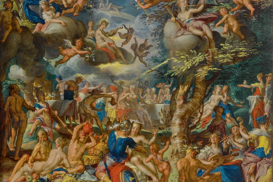 Joachim anthonisz. Wtewael  A Banquet of the Gods signed lower left: J(?) V WÆL FECIT oil on copper, set into an early seventeenth century oak panel 6⅛ by 8⅛ in.; 15.5 by 20.5 cm. Estimate $5/7 million