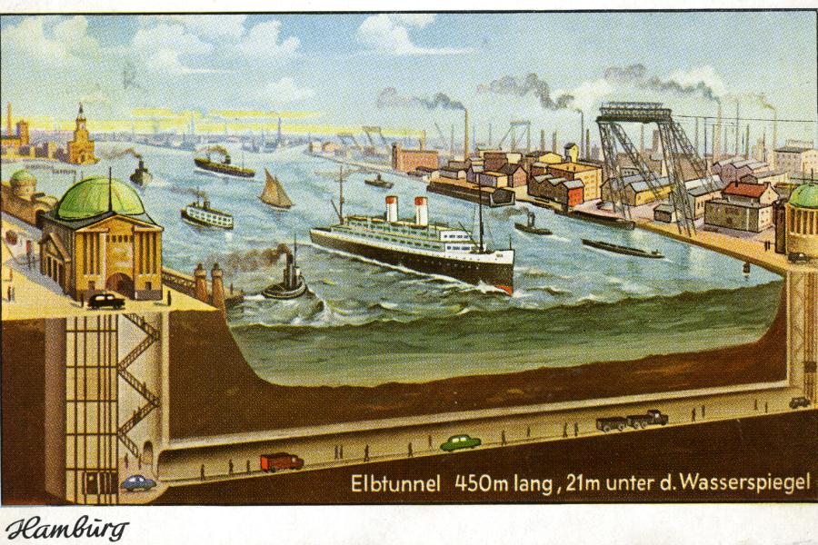 Der Alte Elbtunnel, Ansichtskarte aus den 1950er Jahren, Ansichtskartenfabrik Schöning & Co.jpg