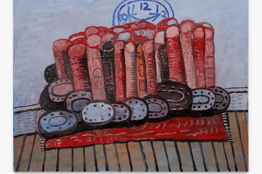 Lot 23 The Gerald L. Lennard Foundation Collection Philip Guston Legs, Rug, Floor signed, titled, dated 1976, and variously inscribed on the reverse oil on canvas 80 by 100 in. 203.2 by 254 cm. Estimate $6/8 million