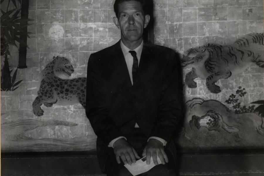 John Cage in Nanzen-ji, a Zen Buddhist temple in Kyoto, Japan (1962). Photographer © Yasuhiro Yoshioka. Courtesy of the John Cage Trust.