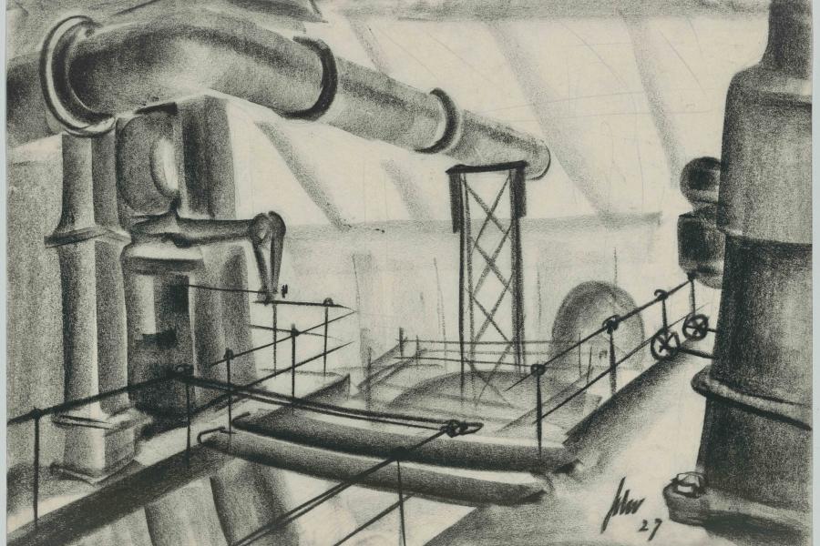 Franz Schroedter (1897 – 1968) Industrielandschaft Industrial landscape Kohlezeichnung auf Papier Charcoal on paper 24,6 x 35,3 cm Sammlung/Collection: Deutsche Kinemathek – Franz Schroedter Archiv © Franz Schroedter; Deutsche Kinemathek Berlin