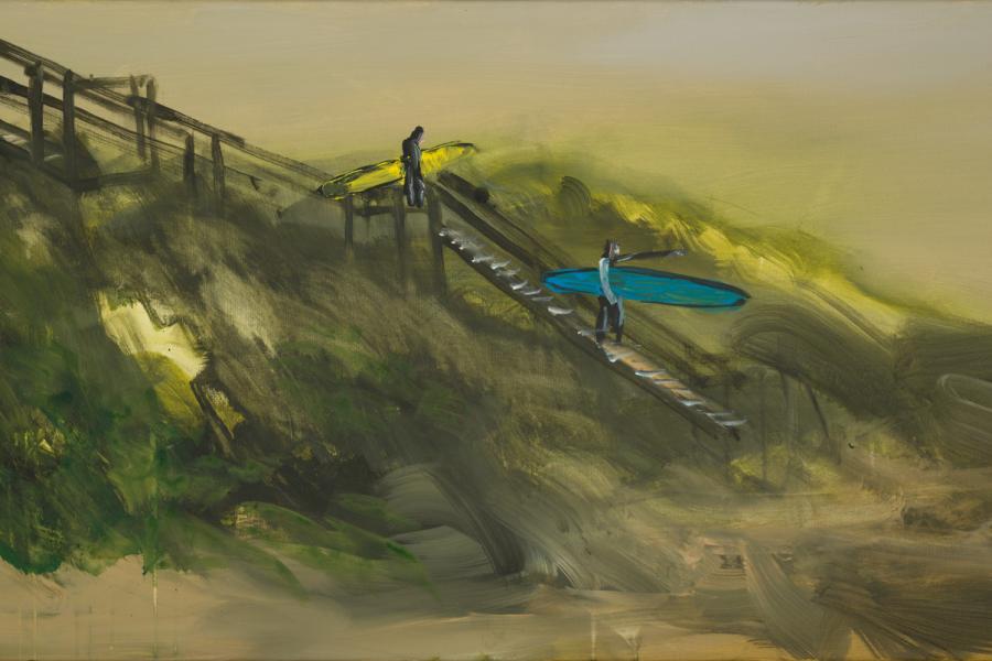 Rainer Fetting, 2 Surfer ( Gang zum Meer ) 2018, Acryl auf Leinwand, 60 x 120 cm